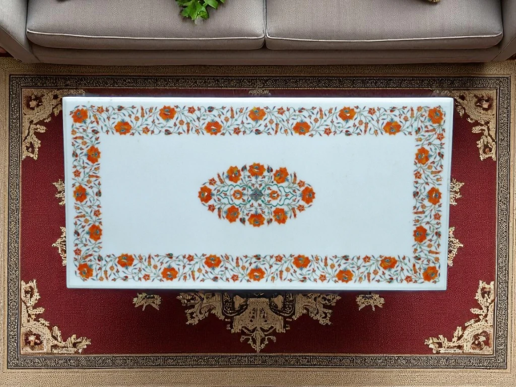 Floral White Marble Dining Table with Carnelian Inlay Home Decor 